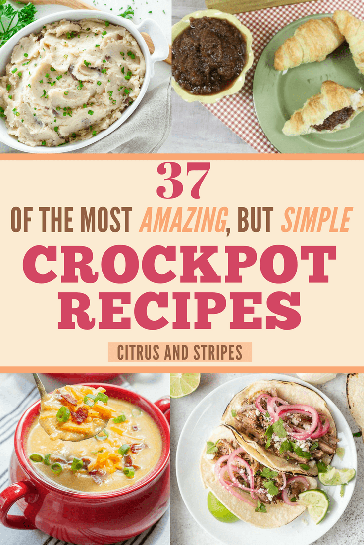I love this list of simple crockpot recipes. These are all so perfect for the fall. Delicious and easy crockpot recipes aren't always something we think of in Summer but Fall is coming soon! Give these crockpot ideas a try! #crockpot #easycrockpot #crockpotrecipes