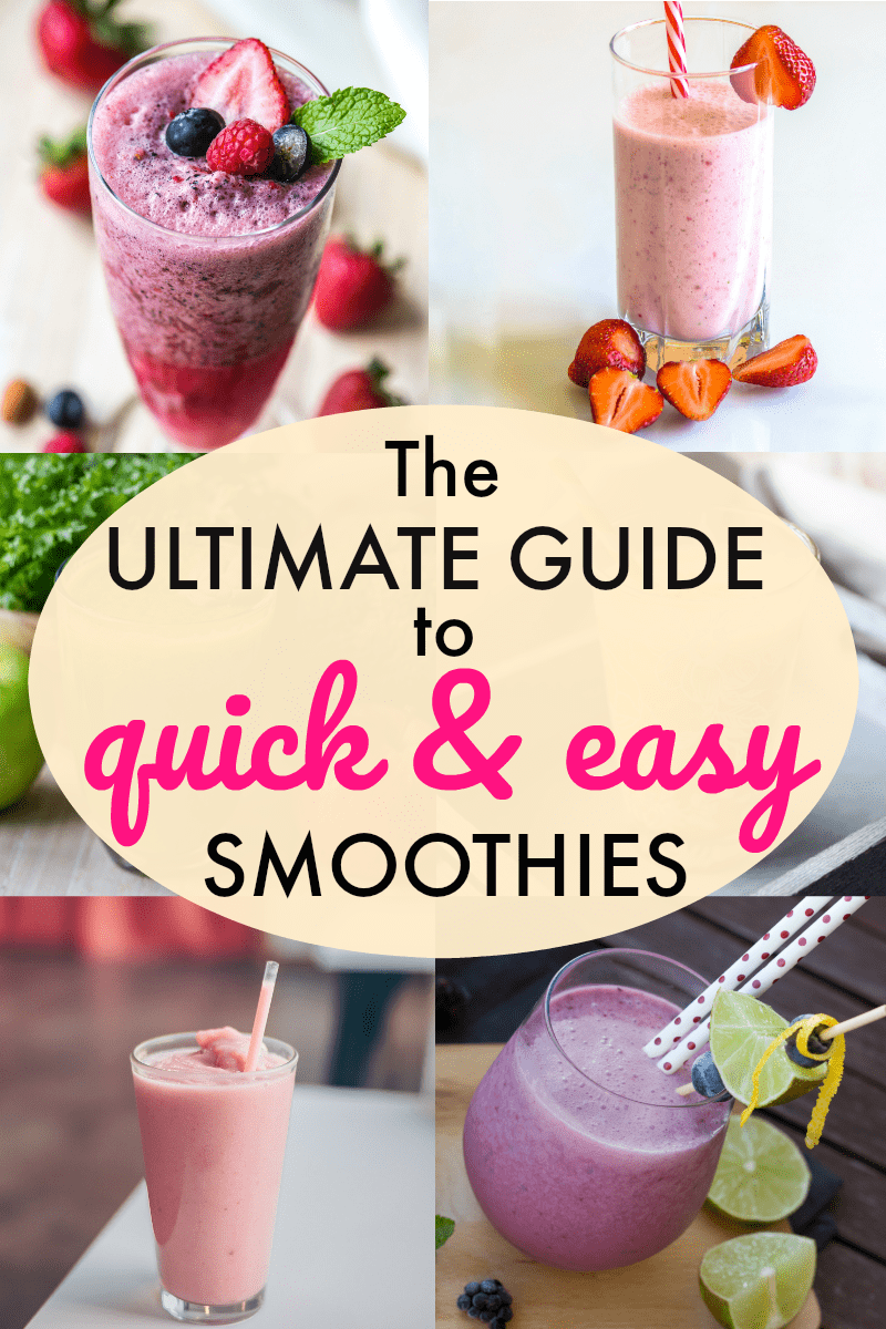 This guide to quick and easy smoothies is the ultimate resource for all things smoothie! Get tips, benefits, recipe ideas, and even a printable list of healthy smoothie recipes! Find all things easy smoothies right here!
