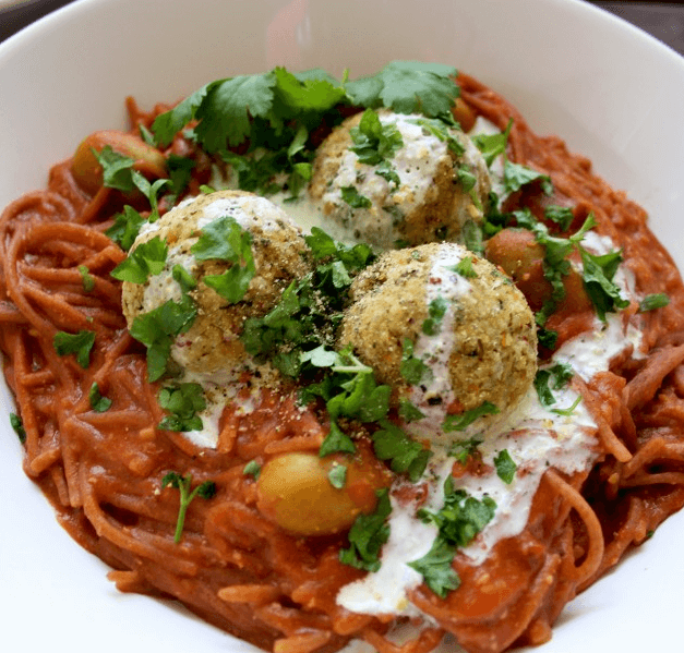 Spaghetti and vegan meatballs