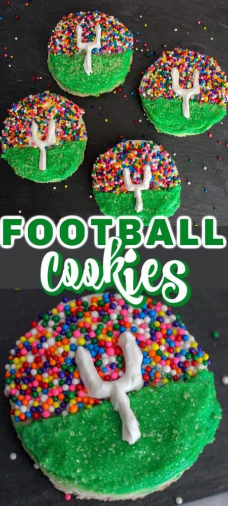 Decorated football sugar cookies on display