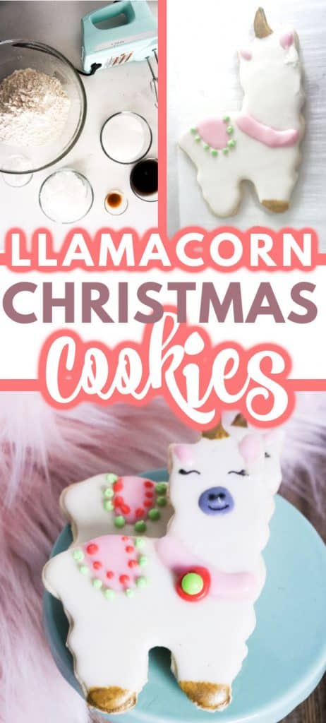 llama cookies on blue plate with pink fur