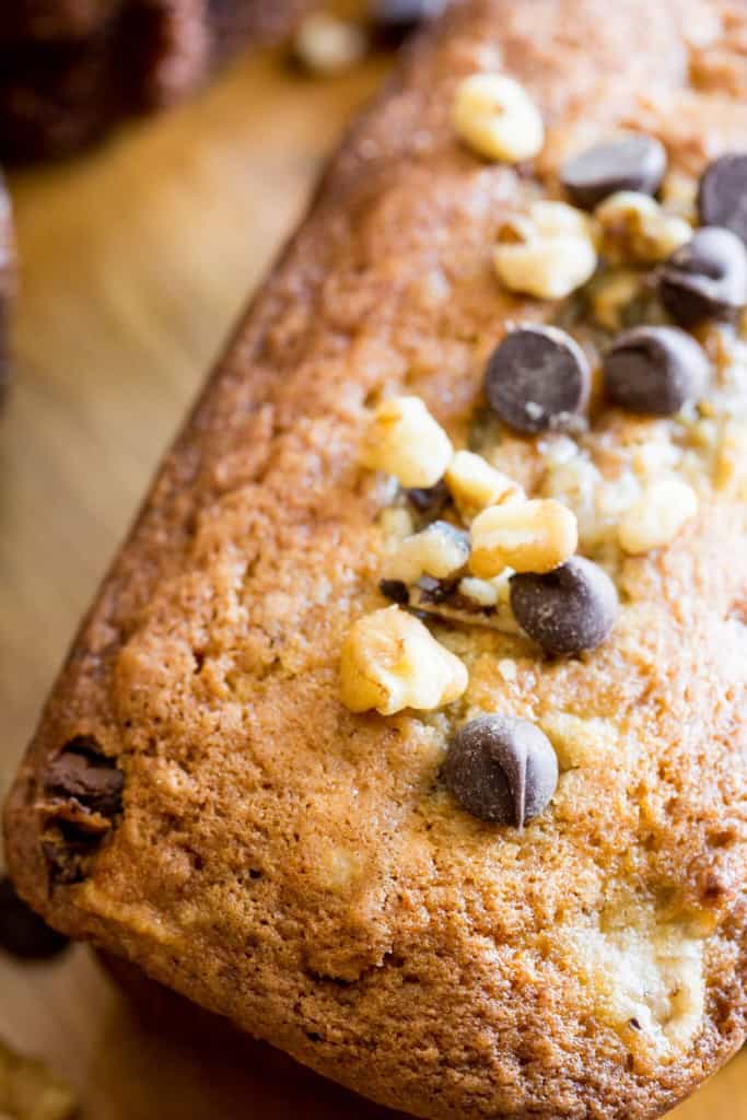 banana chocolate chip bread on counter top