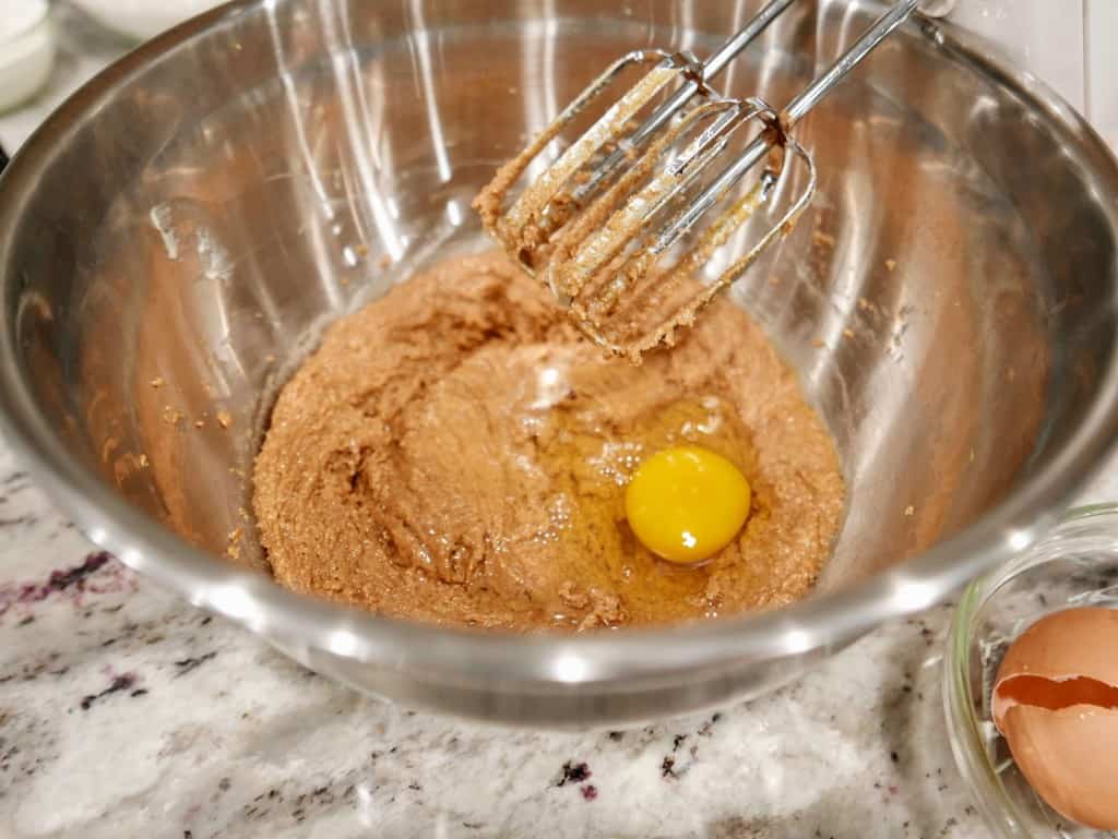 Mixing bowl with ingredients being blended for Nutella Cupcakes.