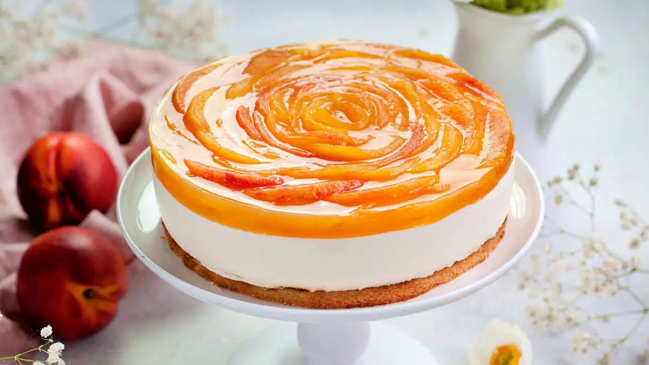 Layered Peach Yogurt Cake w Almond Base