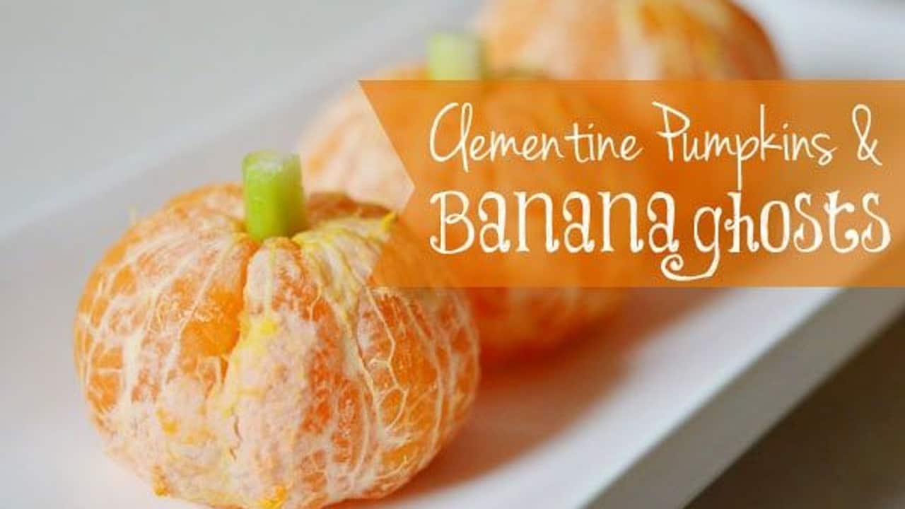Banana ghosts and clementine pumpkins, a super healthy Halloween Snack