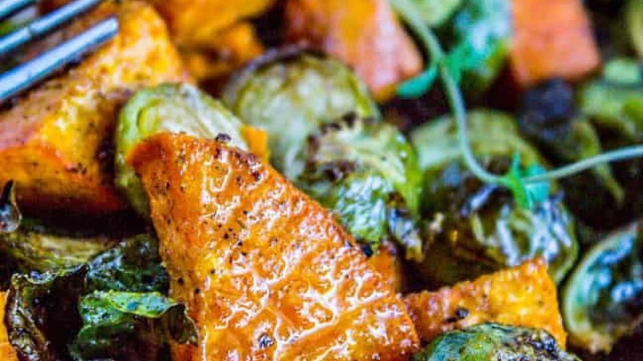 Oven Roasted Sweet Potatoes and Roasted Brussels Sprouts Recipe